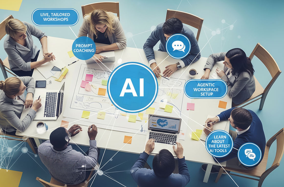 Team members in a workshop session learning to use AI tools alongside a trainer.