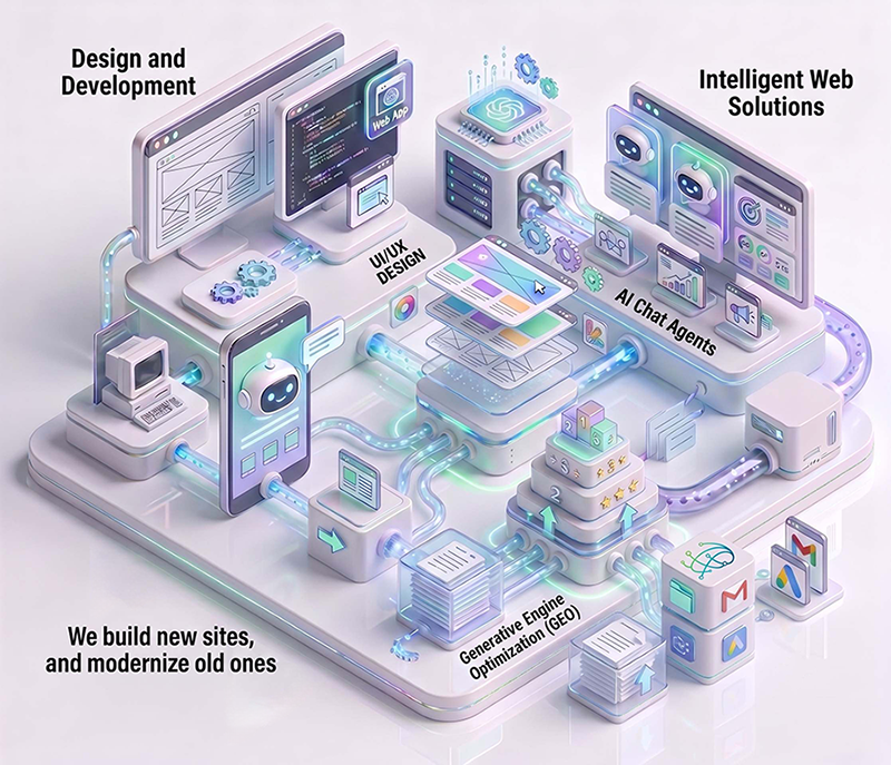 Isometric illustration of website design and development: UI/UX design layers, intelligent web solutions, embedded AI chat agents, and generative engine optimization.