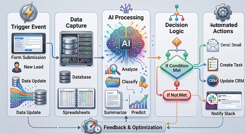 Illustration of a front-office AI agent handling customer chat, scheduling, and lead capture.