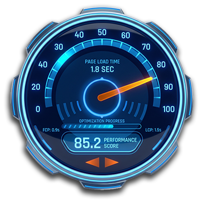 Illustration of a website performance gauge showing page load time, optimization progress, and an overall performance score.